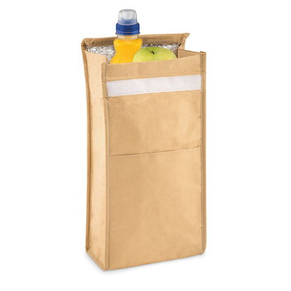 Bolsa paperlunch marrón con bolsillo exterior con botella de refresco y una manzana en su interior