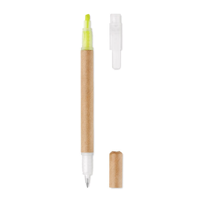 Bolígrafo y marcador 2 en 1 de cartón en color natural con tapa transparente y punta amarilla