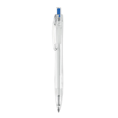 Boli transparente de plástico con pulsador azul