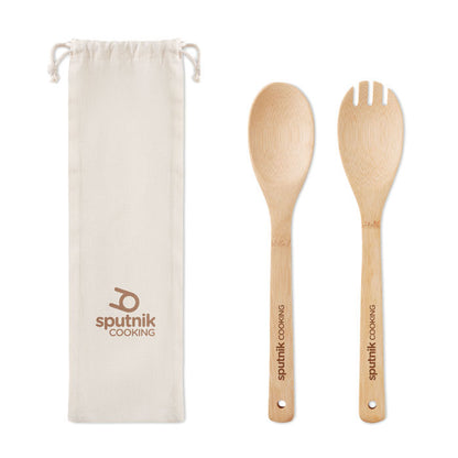 Set de cubiertos de ensalada de bambú con bolsa y logo impreso