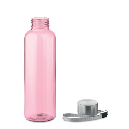 Botella RPET rosa con tapa un lado y logo impreso