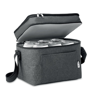 Bolsa nevera gris abierta con latas dentro