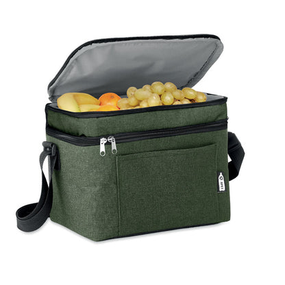 Nevera bolsa verde abierta con fruta en el interior