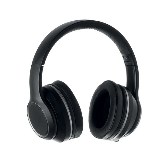 Auriculares negros plegables con cancelación activa de ruido y estuche rígido.

