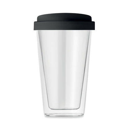 Vaso de doble pared de borosilicato con tapadera negra de silicona