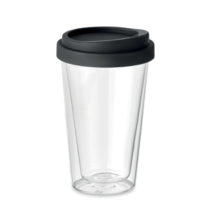 Vaso de borosilicato de doble pared con tapa de silicona negra
