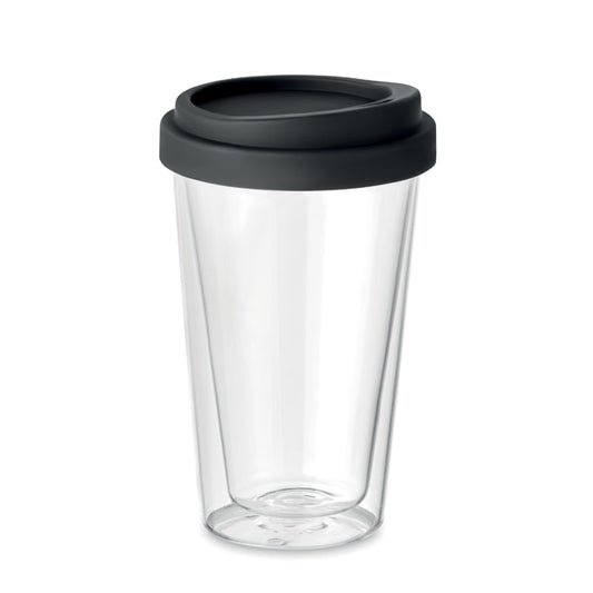 Vaso de cristal de borosilicato de doble pared color negro con tapa de silicona, capacidad de 350 ml.