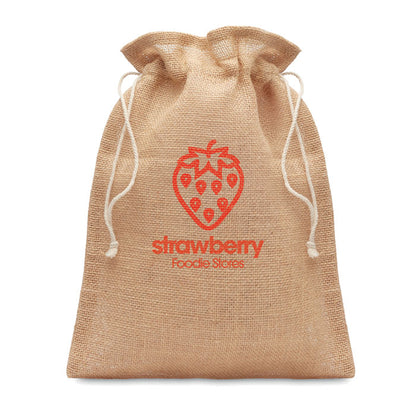 Saco de yute para regalo personalizado con logotipo en color rojo