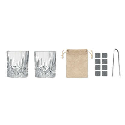 2 vasos de whisky de cristal, 8 cubitos de piedra reutilizables con bolsita para guardar y pinzas metálicas para servir