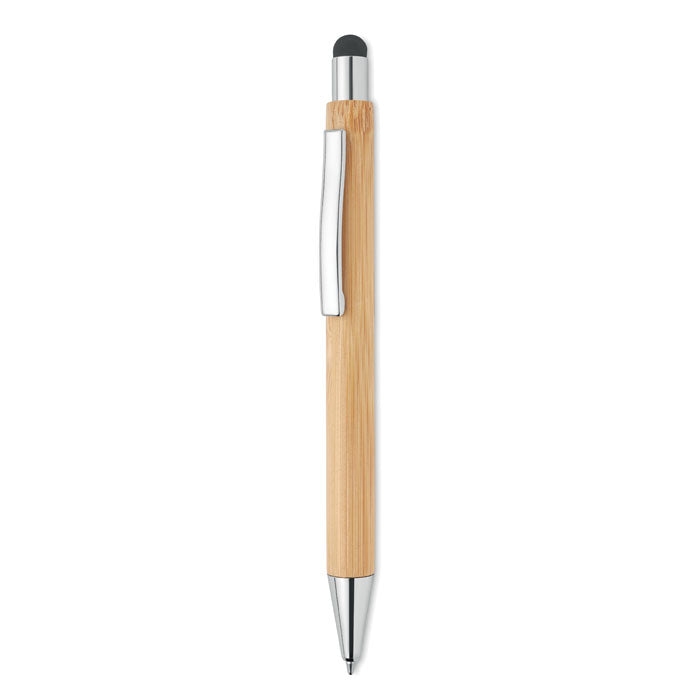Bolígrafo pulsador de bambú con puntero táctil y acabado cromado brillante, color madera.