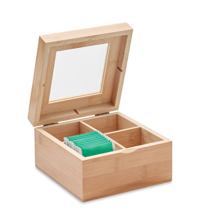 Vista superior de caja de madera para guardar té