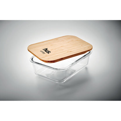 Recipiente de cristal con tapadera de madera personalizada con logotipo