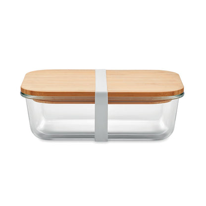 Fiambrera de cristal con tapa de madera y cierre con goma blanca