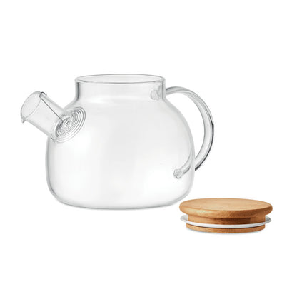 Tetera de cristal con tapa de madera