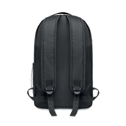 Vista trasera de mochila negra mostrando asas