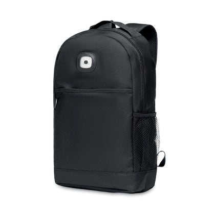 Vista lateral de mochila negra urbana con luz COB