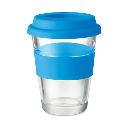 Vaso de vidrio con faja  de agarre y tapa de silicona azul