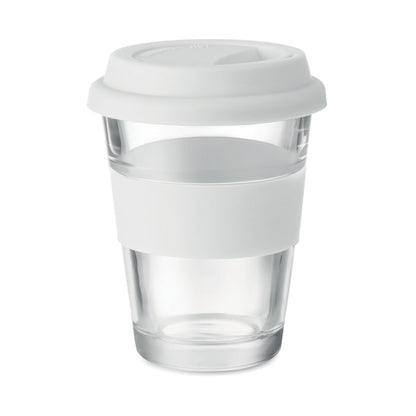 Vaso de cristal con tapa y con banda de silicona blanca para agarrar