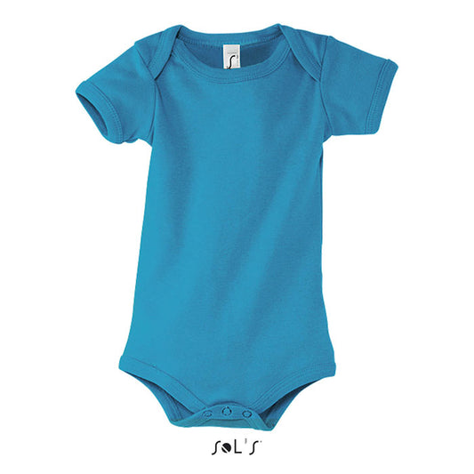 Body de bebé en color azul brillante, confeccionado en 100% algodón, con cierre de botones a presión y puños acanalados.