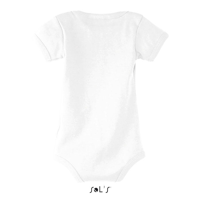Vista posterior de body bebé blanco, diseñado en algodón peinado Ringspun, con puños y cuello acanalados.