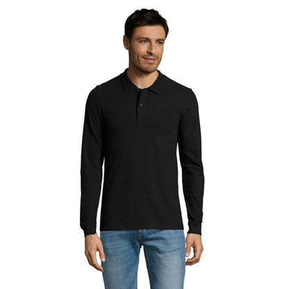 Polo negro de manga larga para hombre, con cuello clásico y tres botones