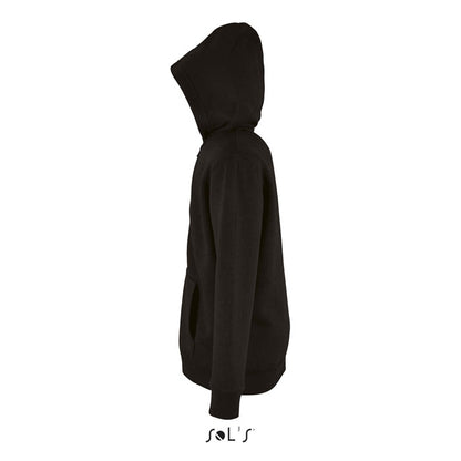 Sudadera infantil negra con cremallera y capucha vista de perfil.