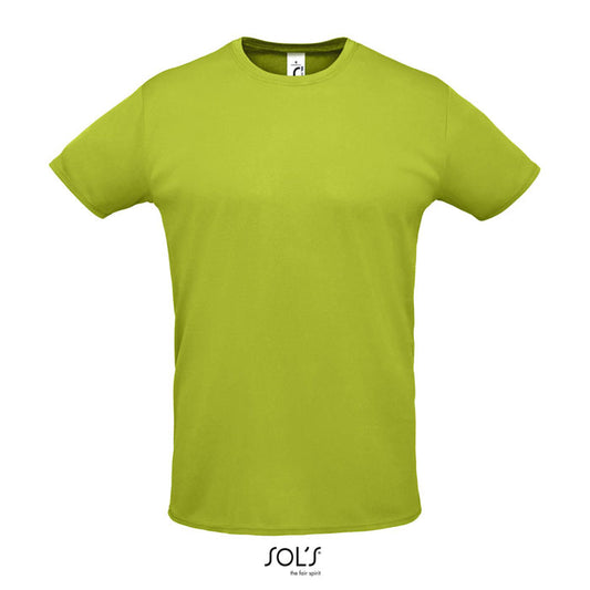 Camisa unisex de color verde lima con cuello redondo, fabricada en 100% poliéster y tejido de 130 g/m².