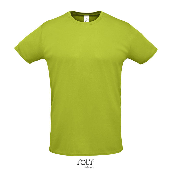 Camiseta unisex en color verde neón, 100% poliéster, con cuello redondo y diseño sencillo ideal para personalización. SPRINT - SPRINT CAMISETA UNISEX 130g.