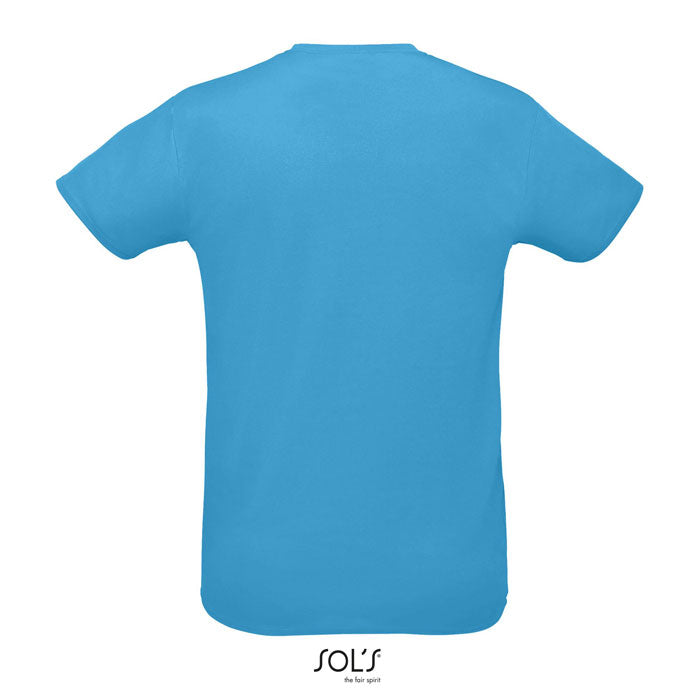 Vista trasera de camiseta unisex en color azul, confeccionada en poliéster, ideal para sublimación.