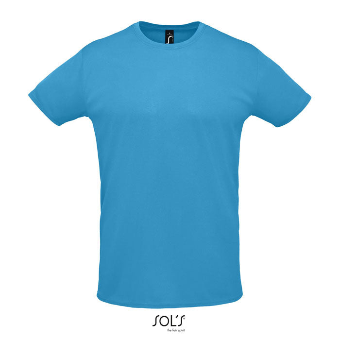 Camiseta unisex de color aqua, 100% poliéster, con cuello redondo y diseño frontal simple, ideal para sublimar.