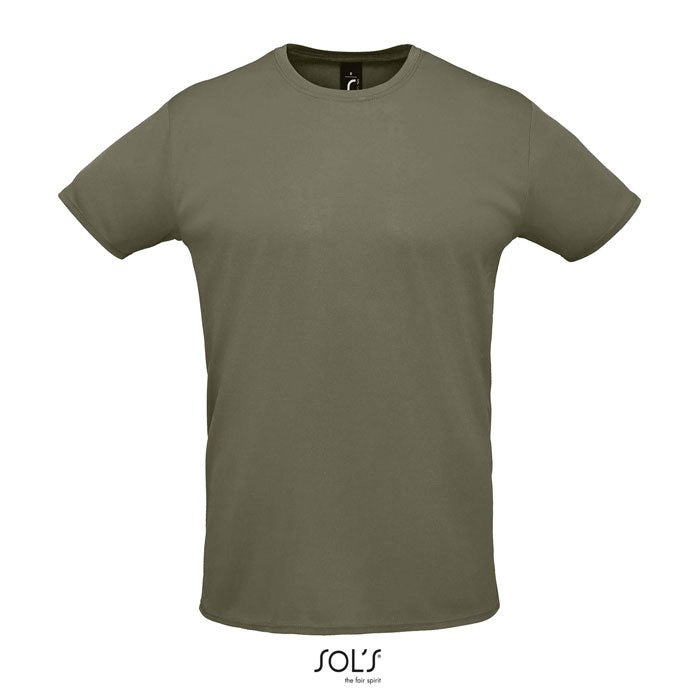 Camiseta unisex en color oliva con cuello redondo, fabricada en poliéster, ideal para personalización y sublimación.