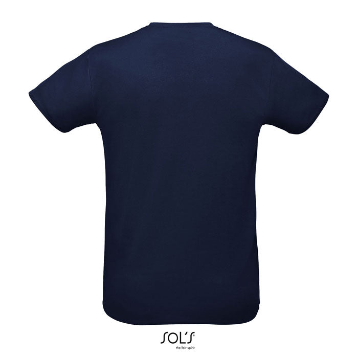 Vista posterior de camiseta unisex de color navy, confeccionada en poliéster de 130 g/m², ideal para personalización y sublimación.
