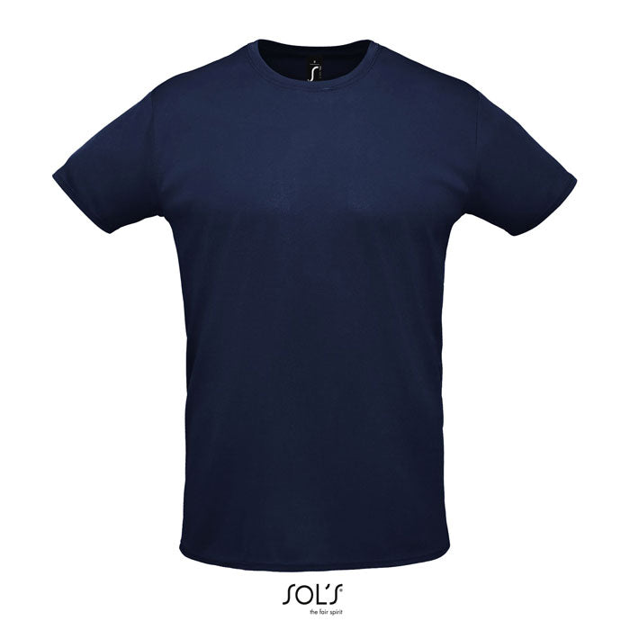 Camiseta unisex azul marino de 130 g/m², confeccionada en 100% poliéster, con diseño clásico y cuello redondo.