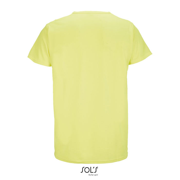 Vista trasera de camiseta unisex de color amarillo brillante, confeccionada en poliéster, ideal para personalización.