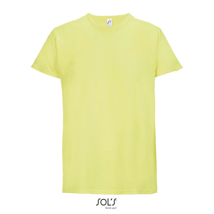 Camiseta unisex de color amarillo, cuello redondo y confeccionada en 100% poliéster, ideal para personalización. SPRINT - SPRINT CAMISETA UNISEX 130g.
