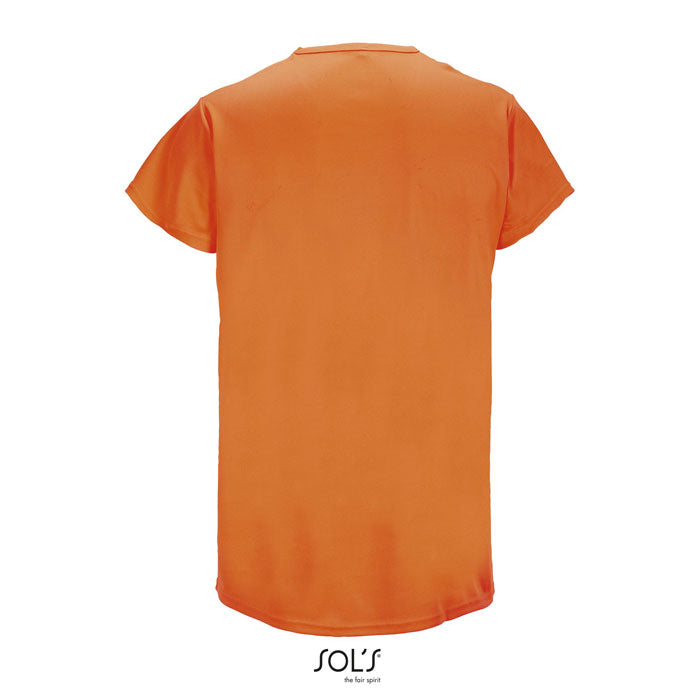 Vista posterior de camiseta unisex en color naranja, fabricada en poliéster de 130 g/m², con diseño simple y moderno.