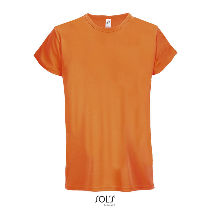 Camiseta unisex en color naranja, fabricada en poliéster 130 g/m², con cuello redondo y costura lateral.