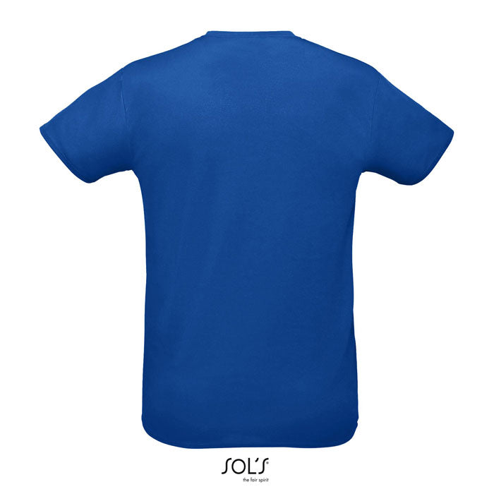 Vista trasera de una camiseta unisex de color azul, fabricada en 100% poliéster, ideal para sublimación.