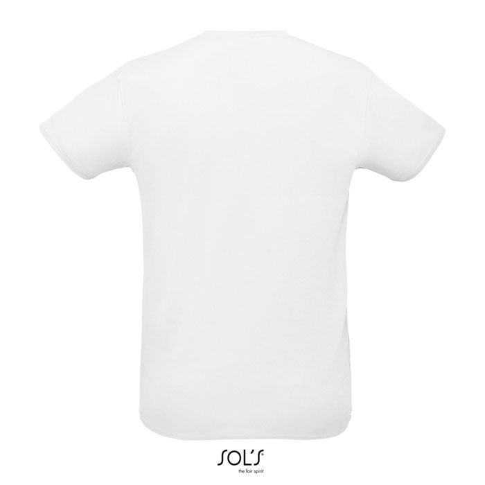 Vista posterior de una camiseta unisex blanca de 130g, con cuello redondo y terminaciones suaves, ideal para personalización.