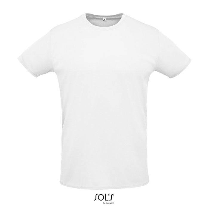 Camiseta blanca unisex de 130 g/m² con cuello redondo, ideal para personalizar con sublimación.