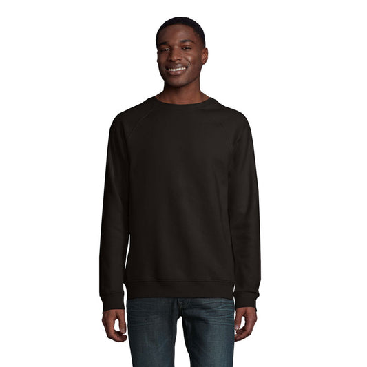 Sudadera negra de cuello redondo y manga raglán vista de frente