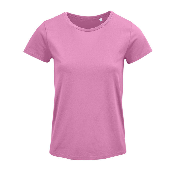 Camiseta ajustada en color rosa jaspeado, 100% algodón orgánico, de cuello redondo y acabado suave.