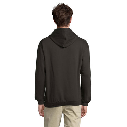 Parte trasera de sudadera marrón oscuro con puños y cintura elástica.