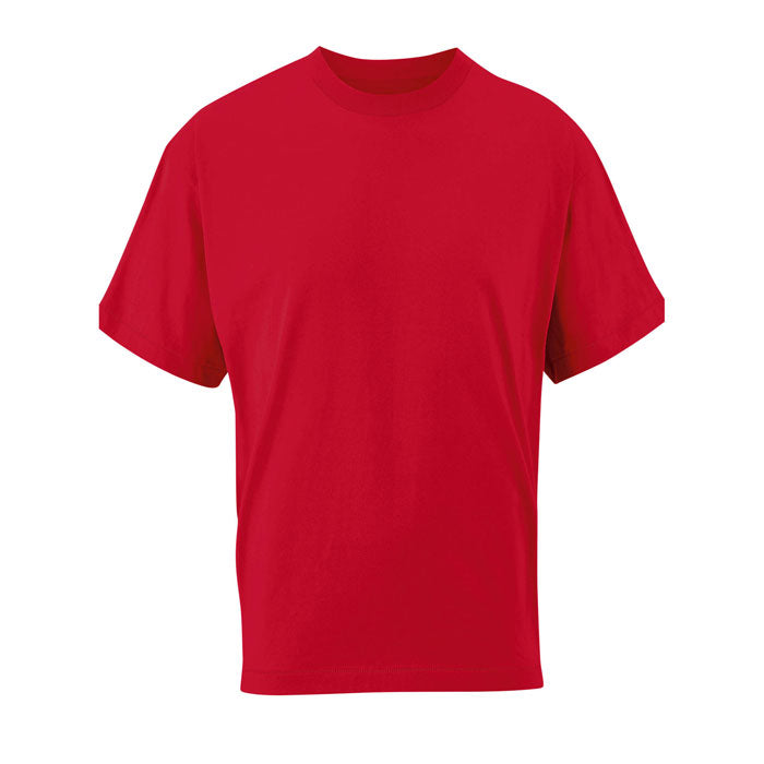 Camiseta oversize de color rojo, algodón reciclado, con cuello redondo y corte amplio.