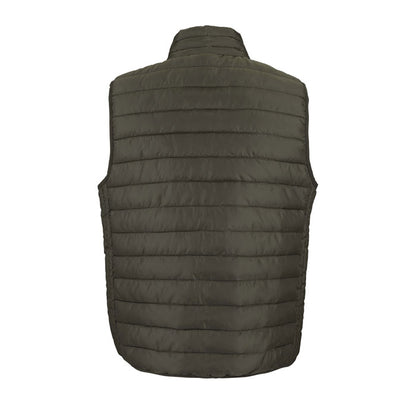 Prenda exterior verde sin mangas con cuello alto, vista posterior.