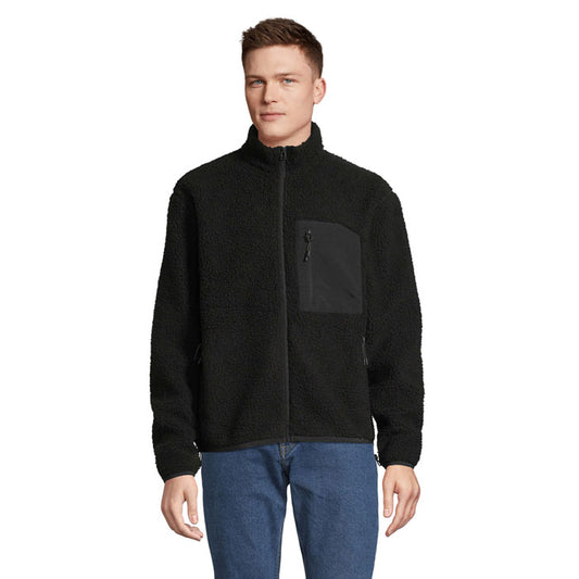Chaqueta sherpa negra para hombre con cremallera frontal y bolsillo en el pecho