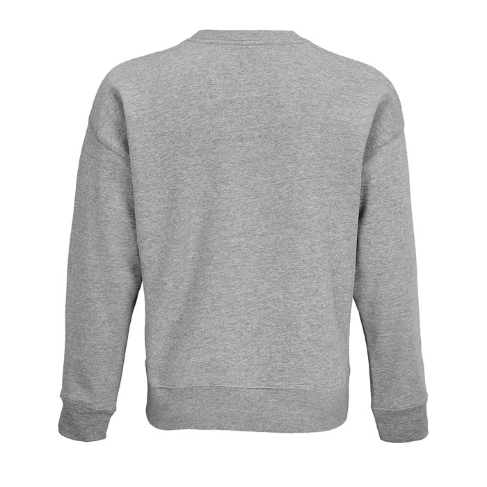Vista trasera de sudadera gris claro con cuello redondo y mangas largas