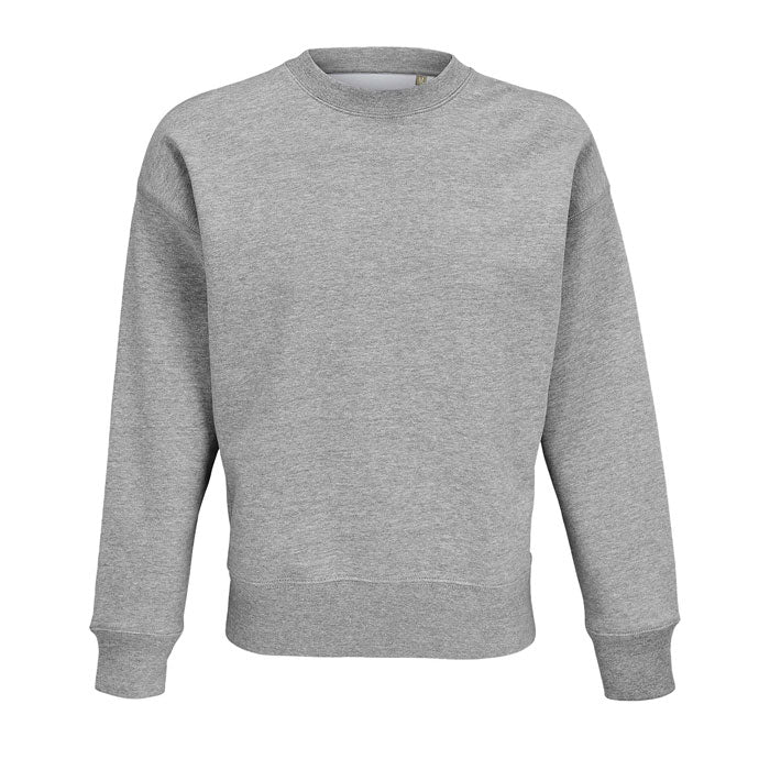 Sudadera gris claro de cuello redondo vista de frente, con puños y bajo acanalados