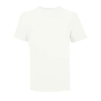 Camiseta blanca promocional unisex, fotografía de frente.