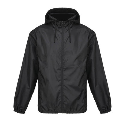 Cortavientos unisex negro con capucha y cremallera vista frontal